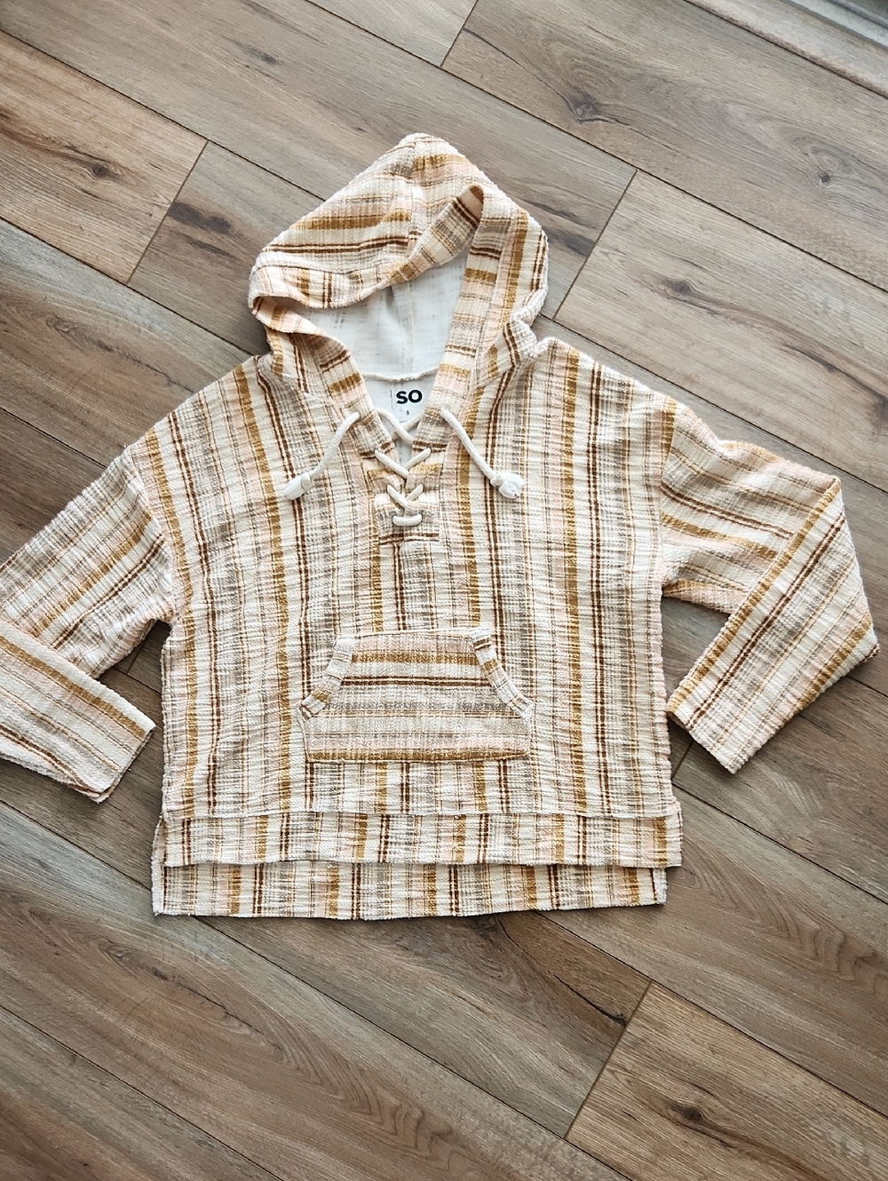 SO Lace-Up Striped Hoodie Oversized Cream & Brown Cotton Women's Small Beach